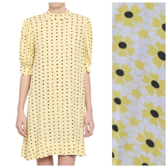 New Ganni 38 Floral Balloon Sleeves Printed Crepe Mini Dress - Picture 1 of 7